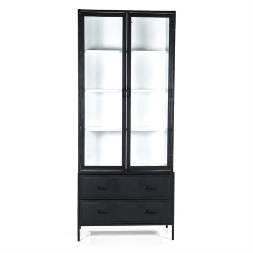 Vitrinekast Industrieel Metaal Glas 220 x 93cm -  Zwart / Wit