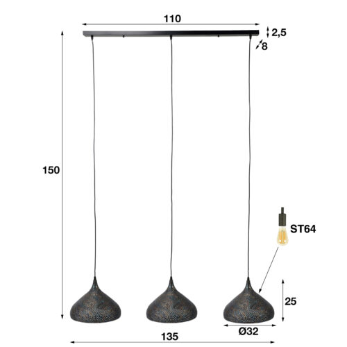 Hanglamp Punch Trechter Zwart Bruin - 3 lampen - Afbeelding 4