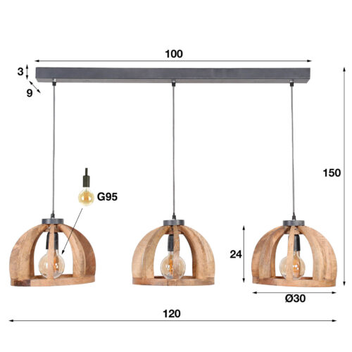 Hanglamp Launch Gebogen Spijlen Mangohout - 3 lampen - Afbeelding 4
