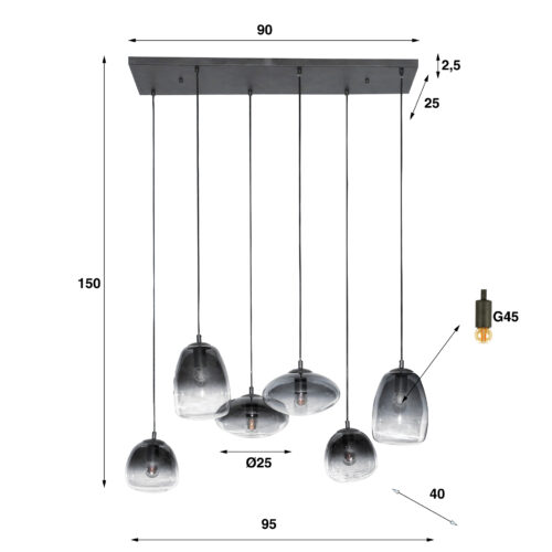 Hanglamp 3+3 Mix Getint Glas - Afbeelding 4