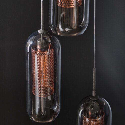 Hanglamp 3L Getrapt Getint Glas-Geperforeerd Staal - Afbeelding 2