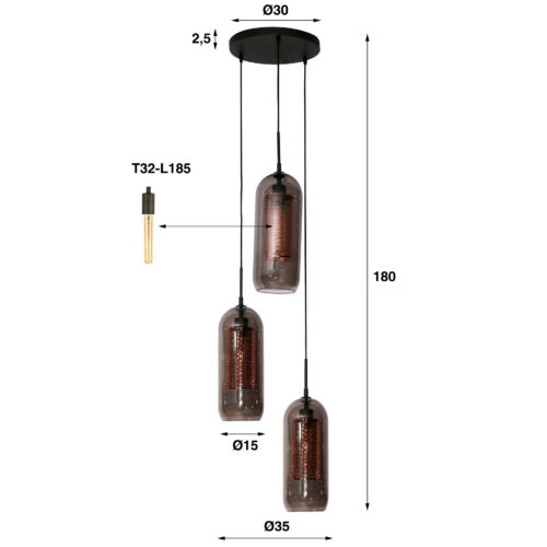 Hanglamp 3L Getrapt Getint Glas-Geperforeerd Staal - Afbeelding 3
