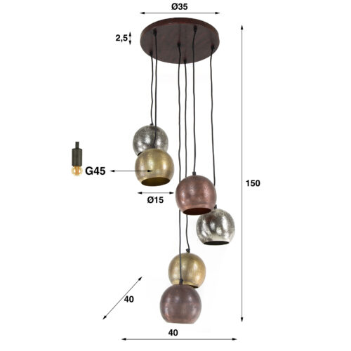 Hanglamp 6x bol getrapt metal print - Afbeelding 5