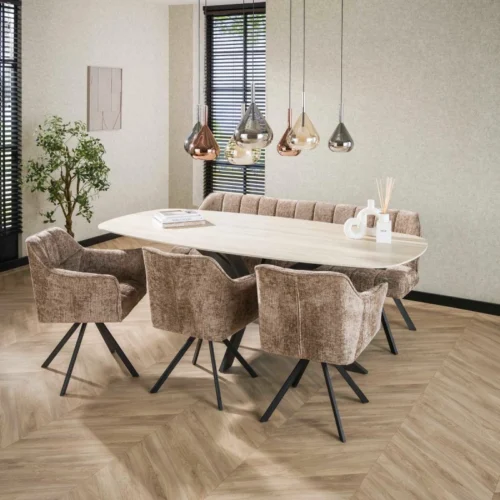 Ovale Eettafel Romano Keramiek in Travertin-look 215 x 105cm