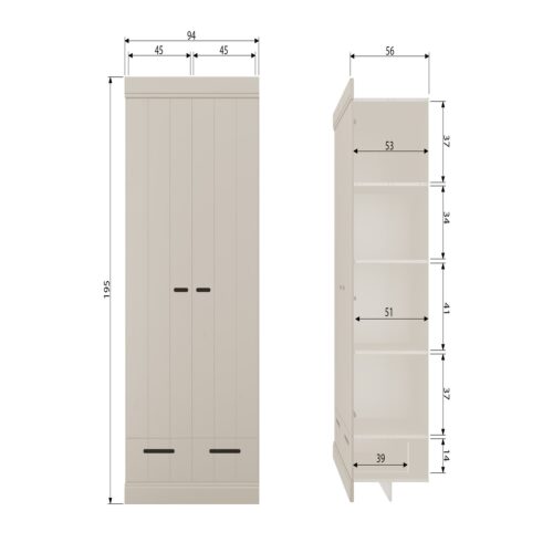 Kledingkast Connect 195 x 94cm, 2 deuren en lade, kleur Dust - Afbeelding 8