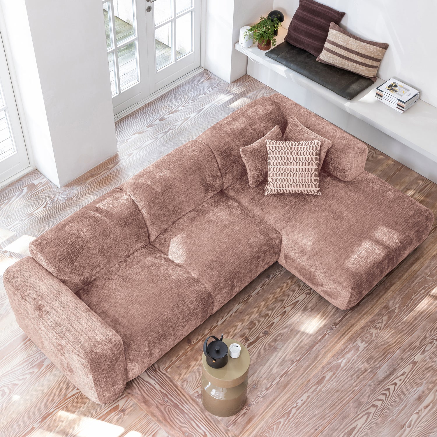 Cloud Loungebank links geweven chenille taupe/roze - Afbeelding 2