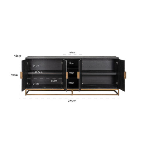 Dressoir Zwartbone brass 4-deuren + open vak (Zwart Rustiek) - Afbeelding 4