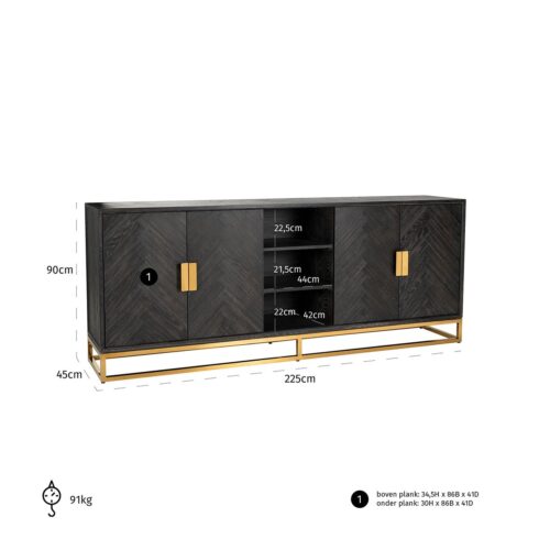 Dressoir Zwartbone Goud 4-deuren + open vak (Zwart Rustiek) - Afbeelding 4