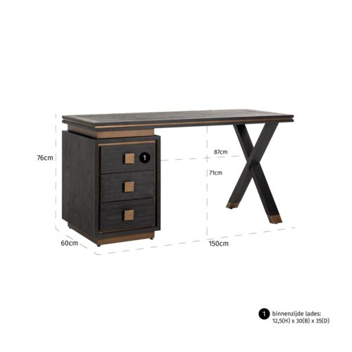 Bureau Hunter Eiken 150 cm - Zwart rustiek - Afbeelding 4