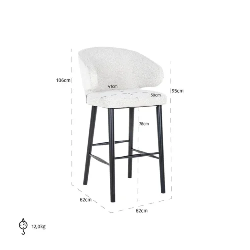 Barstoel Indigo Bouclé Wit - zithoogte 76cm - Afbeelding 3