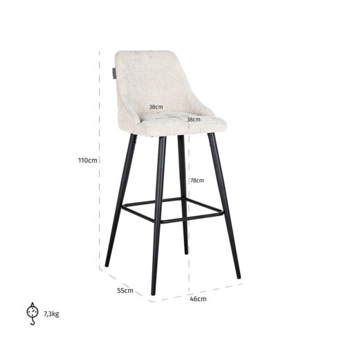 Barstoel Brooke Chenille Creme - set van 2 - Afbeelding 6