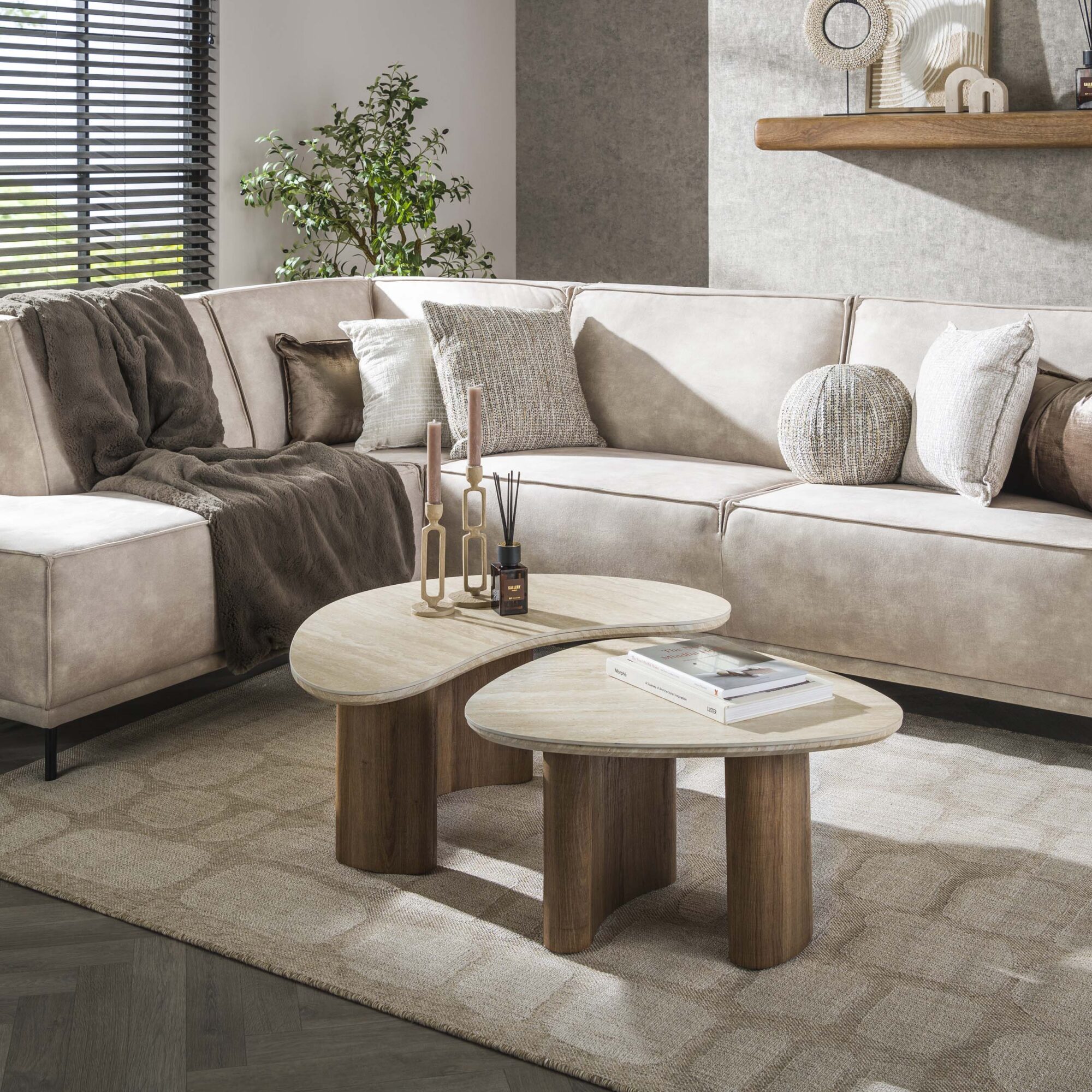 Organische Salontafel Romano Keramiek in Travertinlook Set van 2 stuks