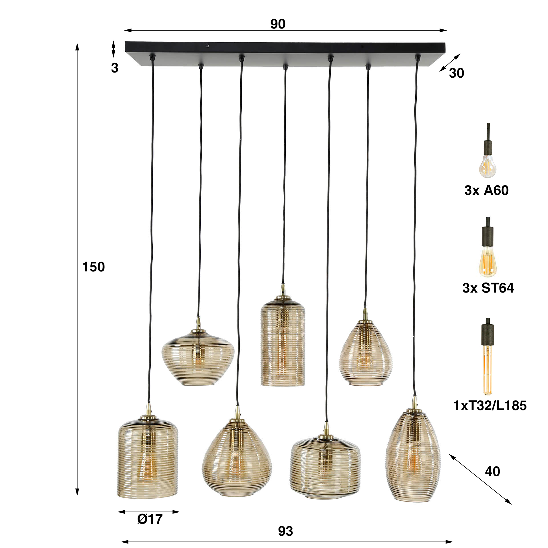 Hanglamp Stripe 4 + 3 lampen - Glas - Afbeelding 6