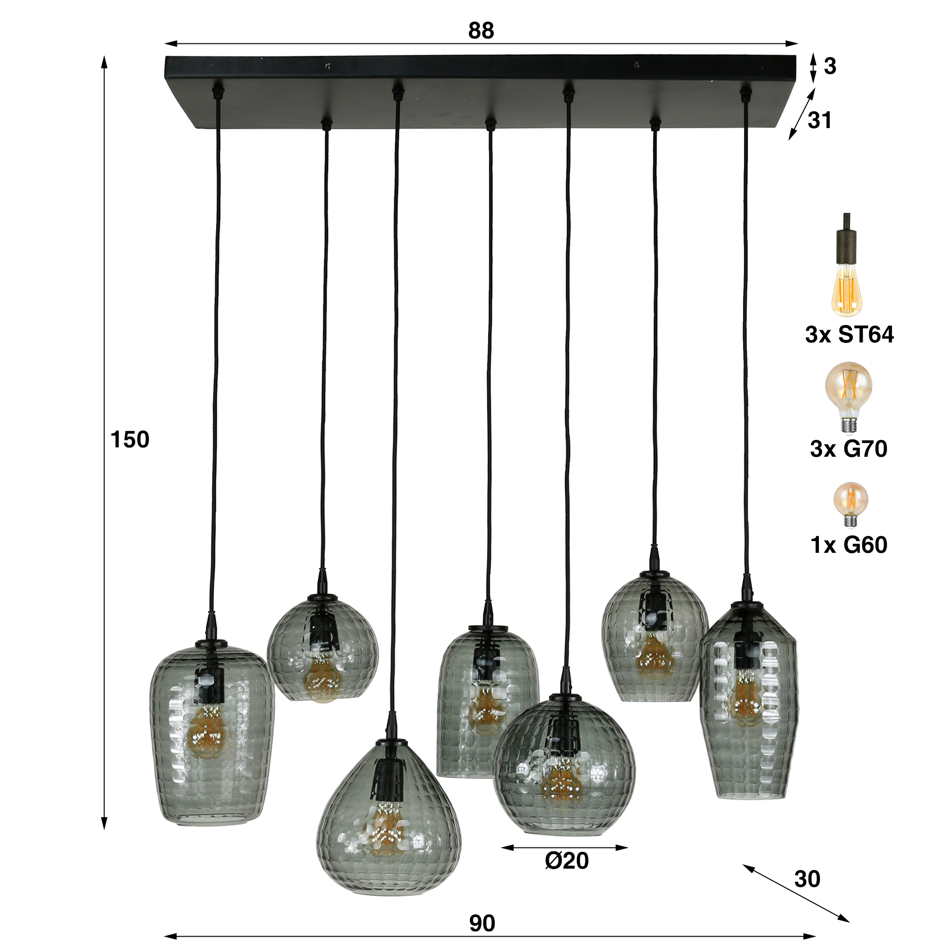 Hanglamp Hexagon Mix met 7 lampen Smoke Grey - Afbeelding 7
