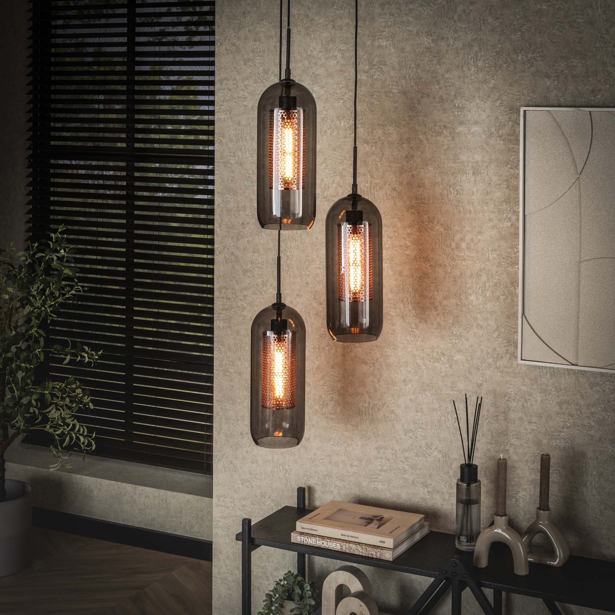 Hanglamp 3L Getrapt Getint Glas-Geperforeerd Staal