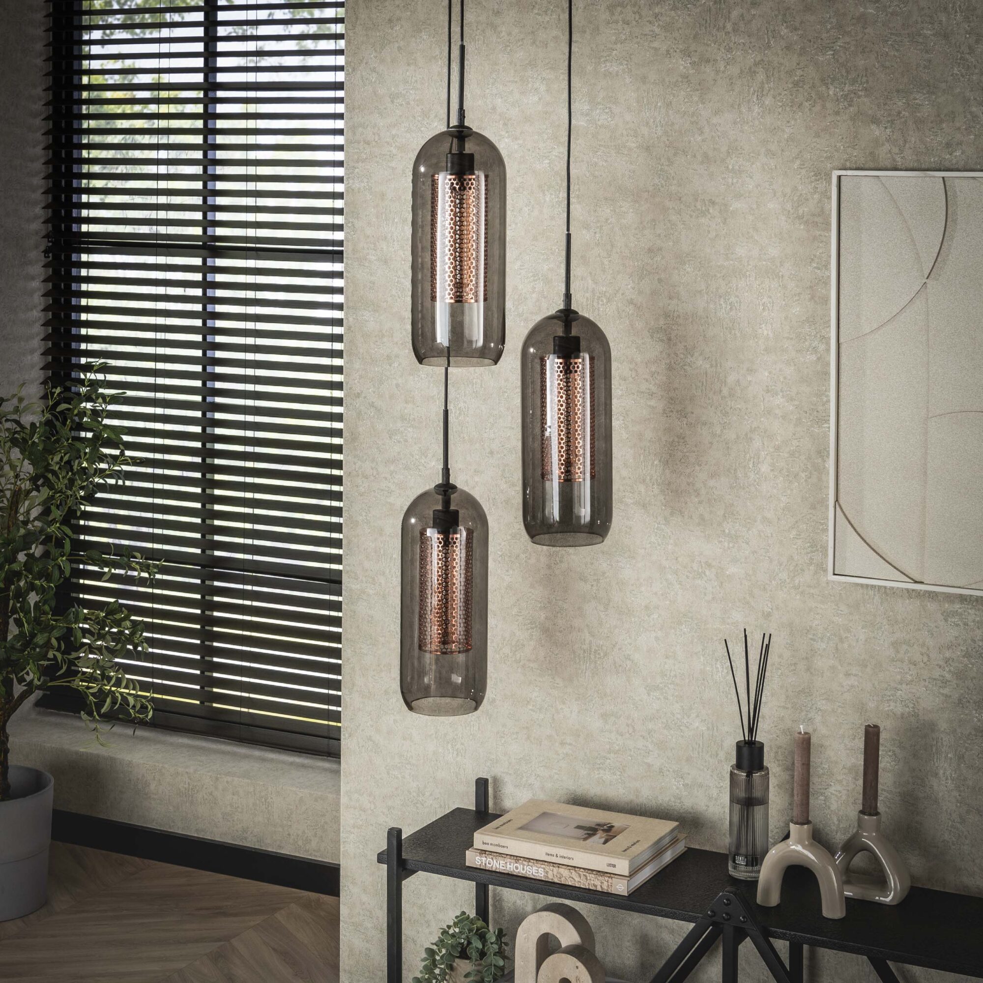 Hanglamp 3L Getrapt Getint Glas-Geperforeerd Staal - Afbeelding 2