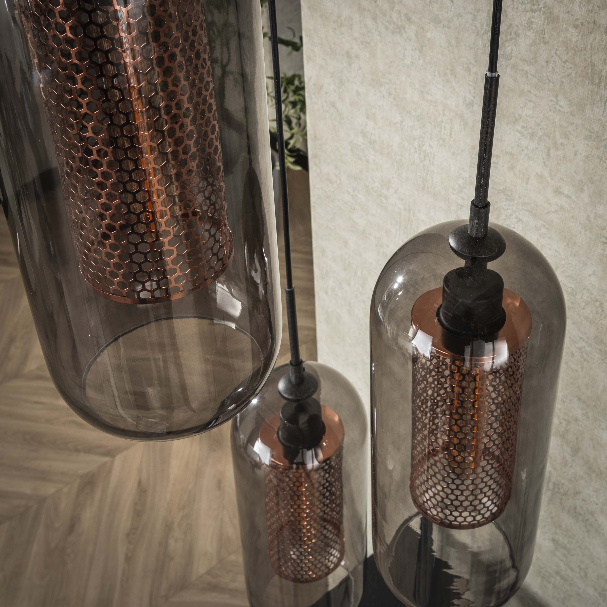 Hanglamp 3L Getrapt Getint Glas-Geperforeerd Staal - Afbeelding 3