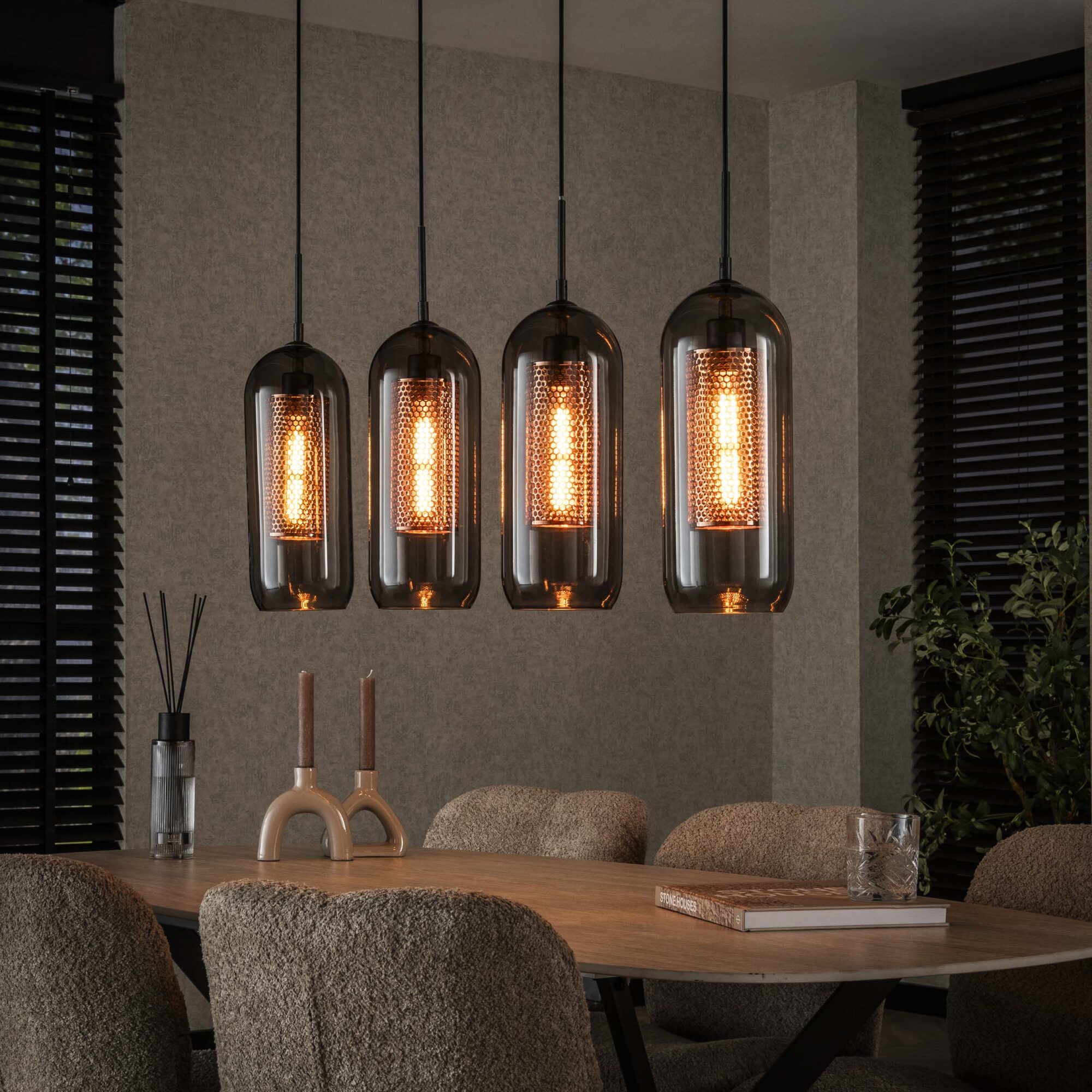 Hanglamp 4L getint glas-geperforeerd staal