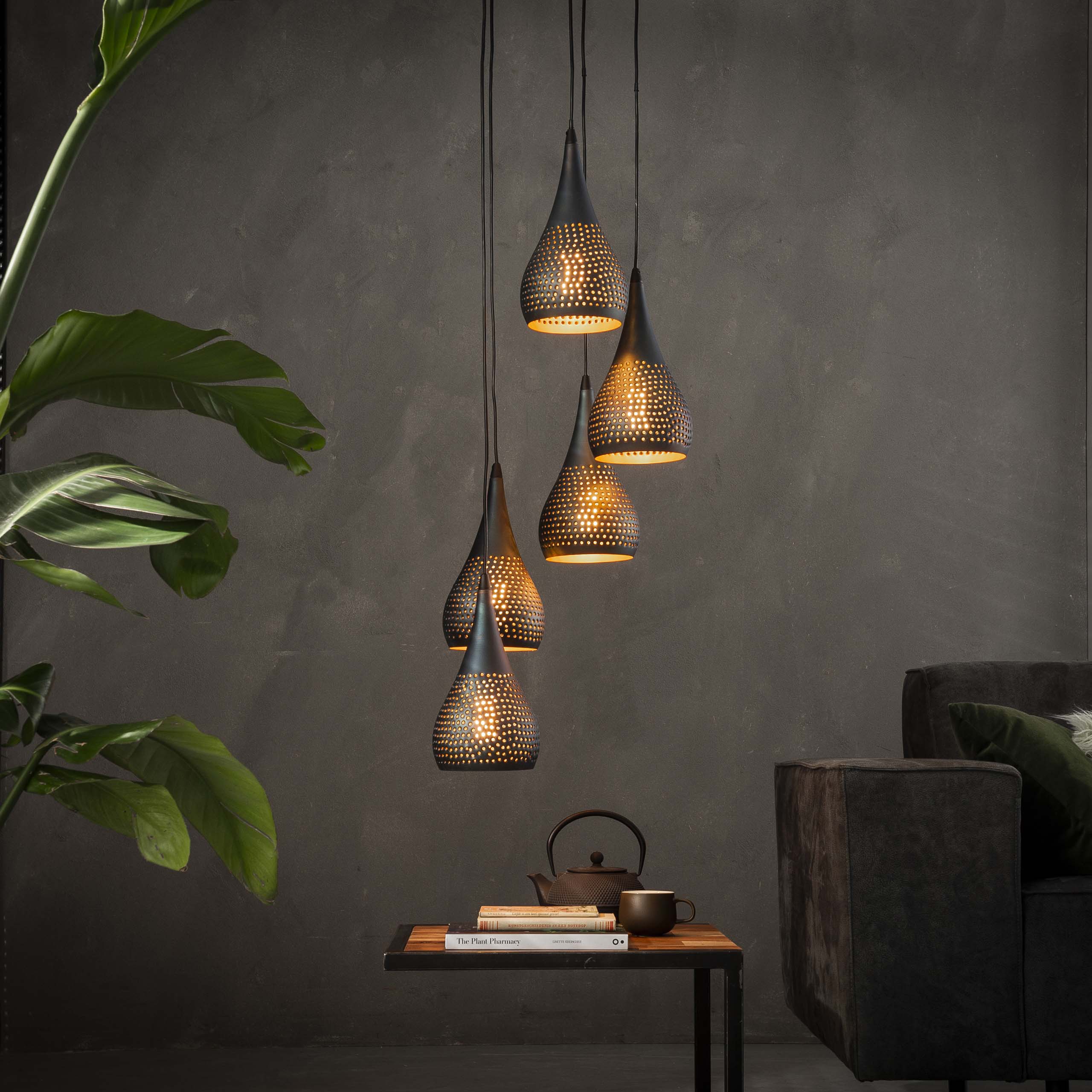 Hanglamp Punch Druppel Getrapt Zwart Bruin - 5 lampen