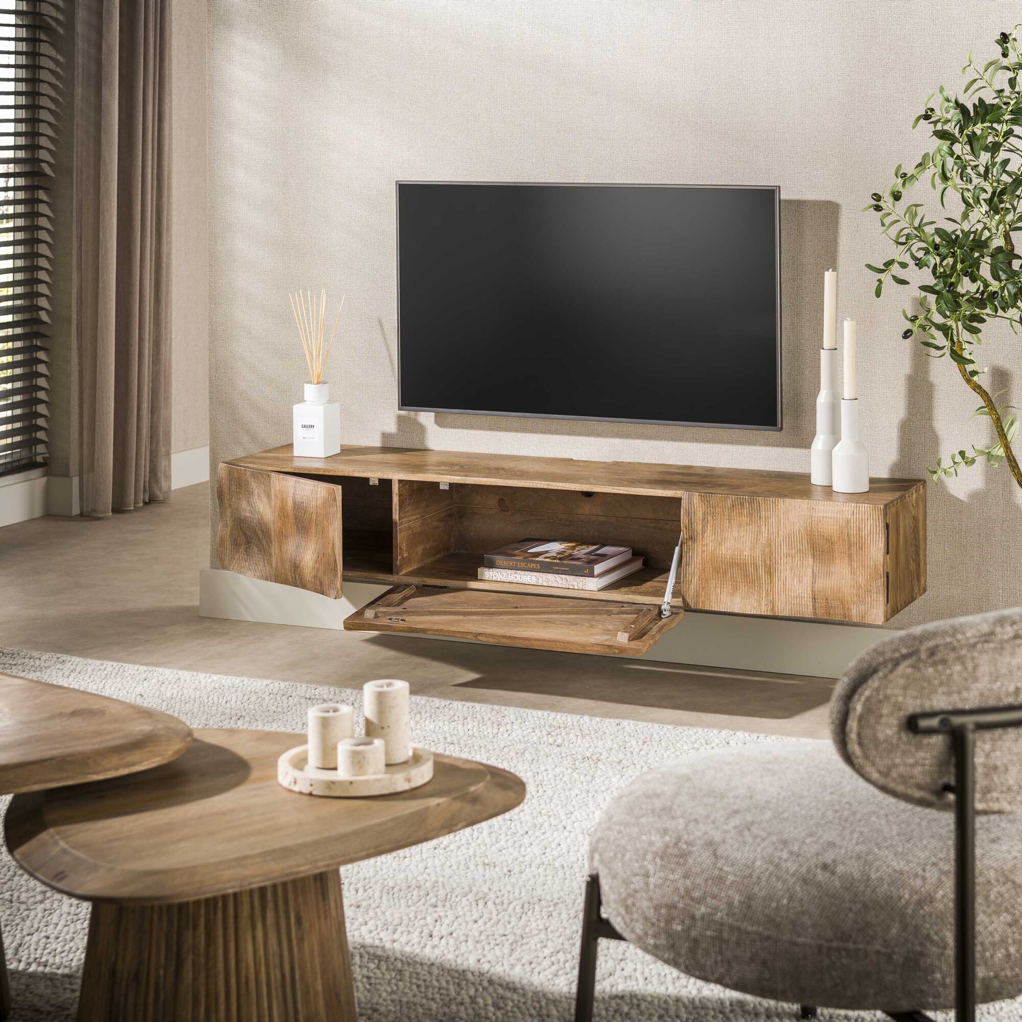 Zwevend TV-meubel Ocean Mangohout, 160cm - Afbeelding 2