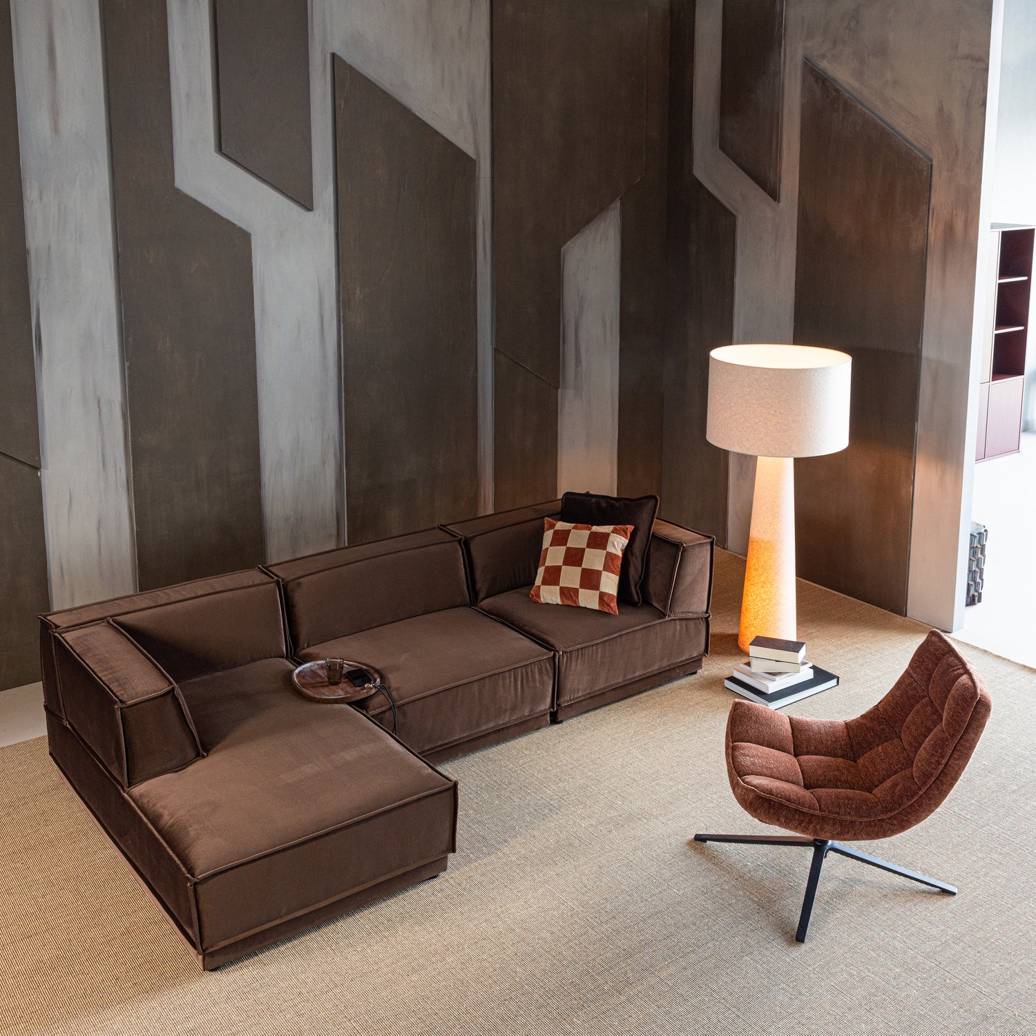 Loungebank Manu 286cm, Velvet, kleur Bruin (Links) - Afbeelding 3