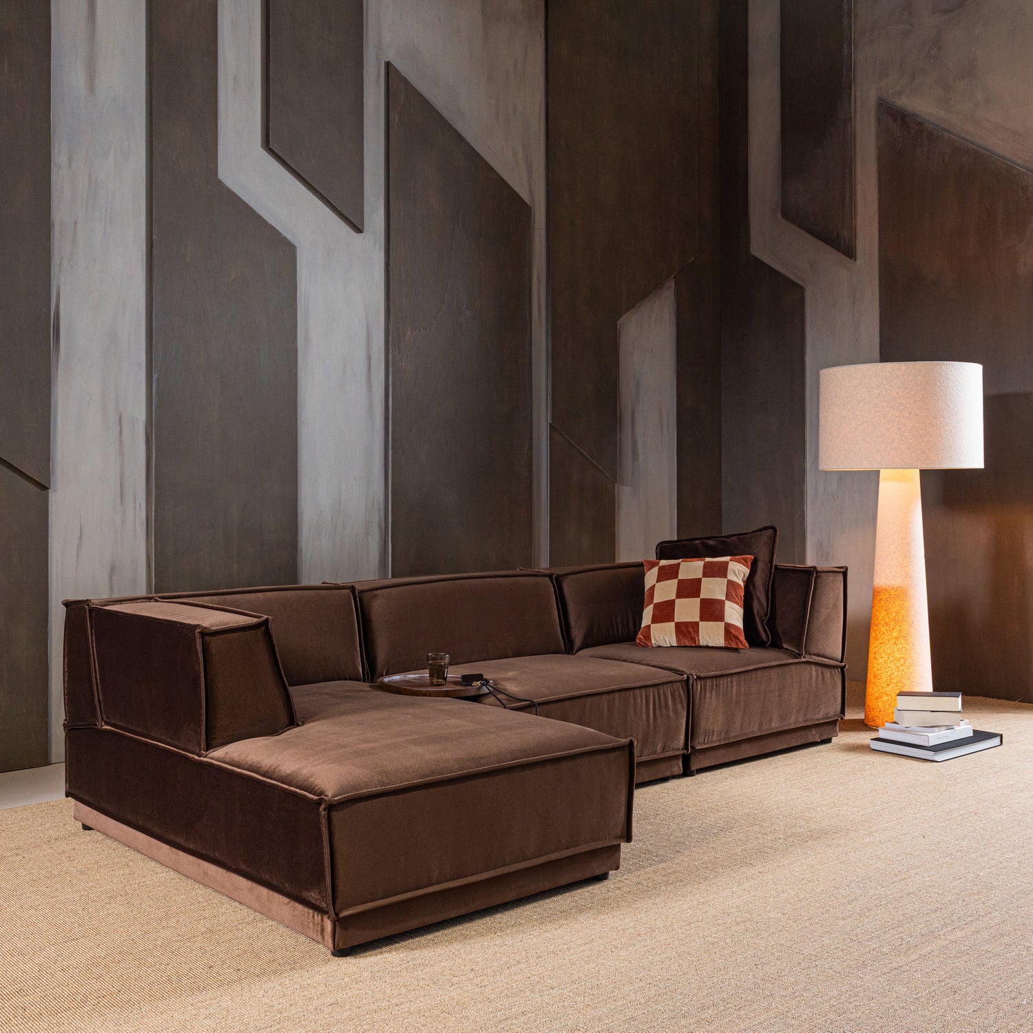 Loungebank Manu 286cm, Velvet, kleur Bruin (Links) - Afbeelding 2
