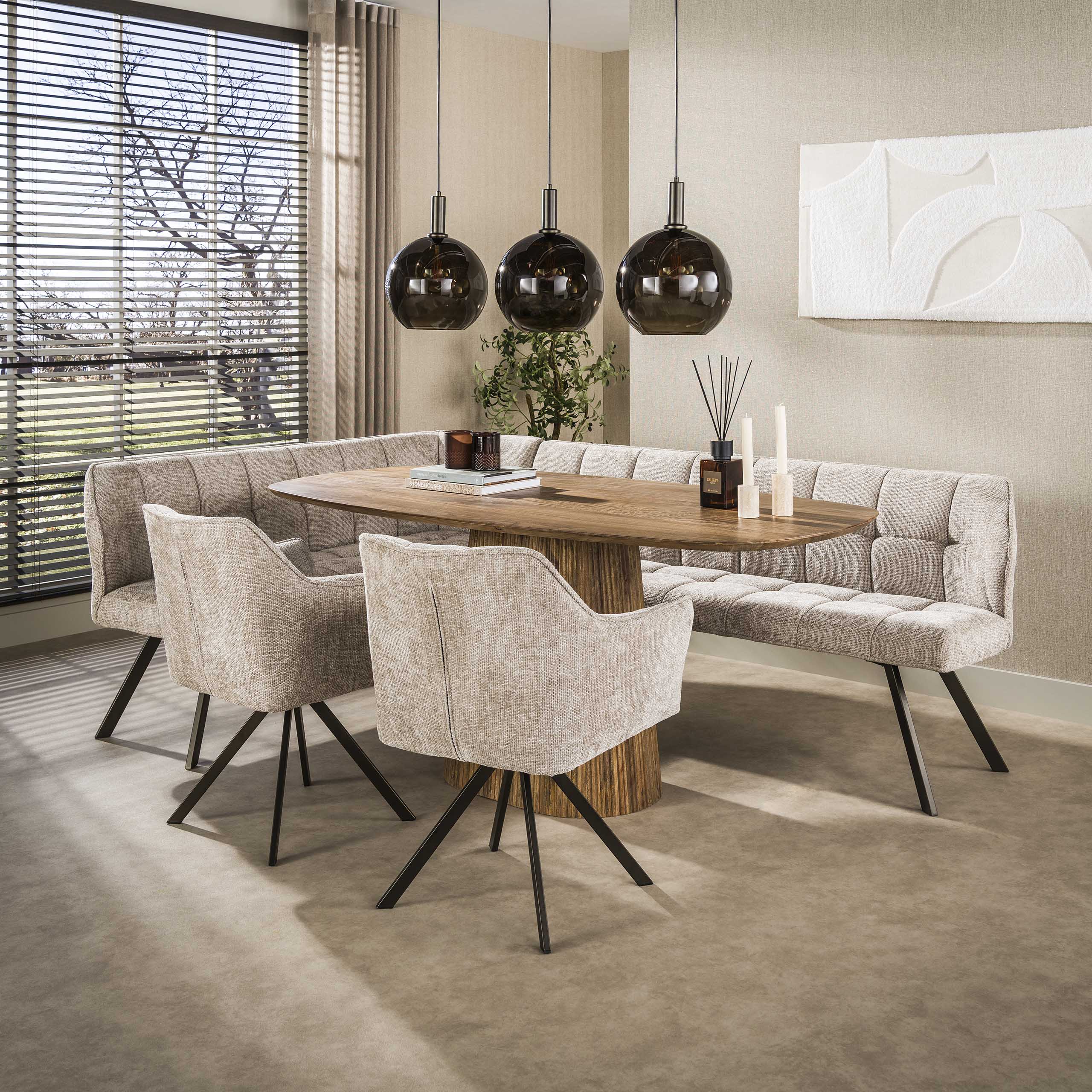 Eetkamerbank Raster Hoven stof, kleur Zand/Bruin (links)