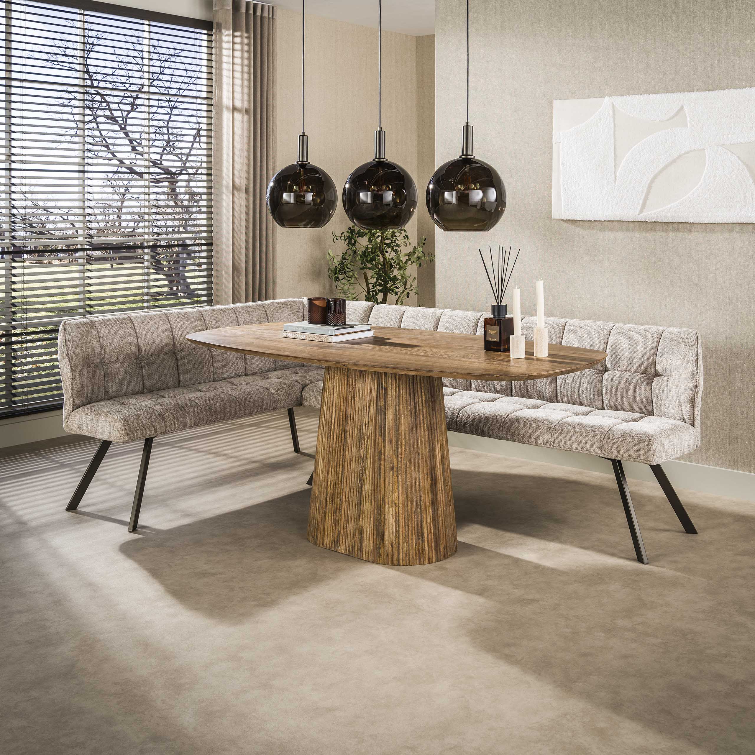 Eetkamerbank Raster Hoven stof, kleur Zand/Bruin (links) - Afbeelding 2