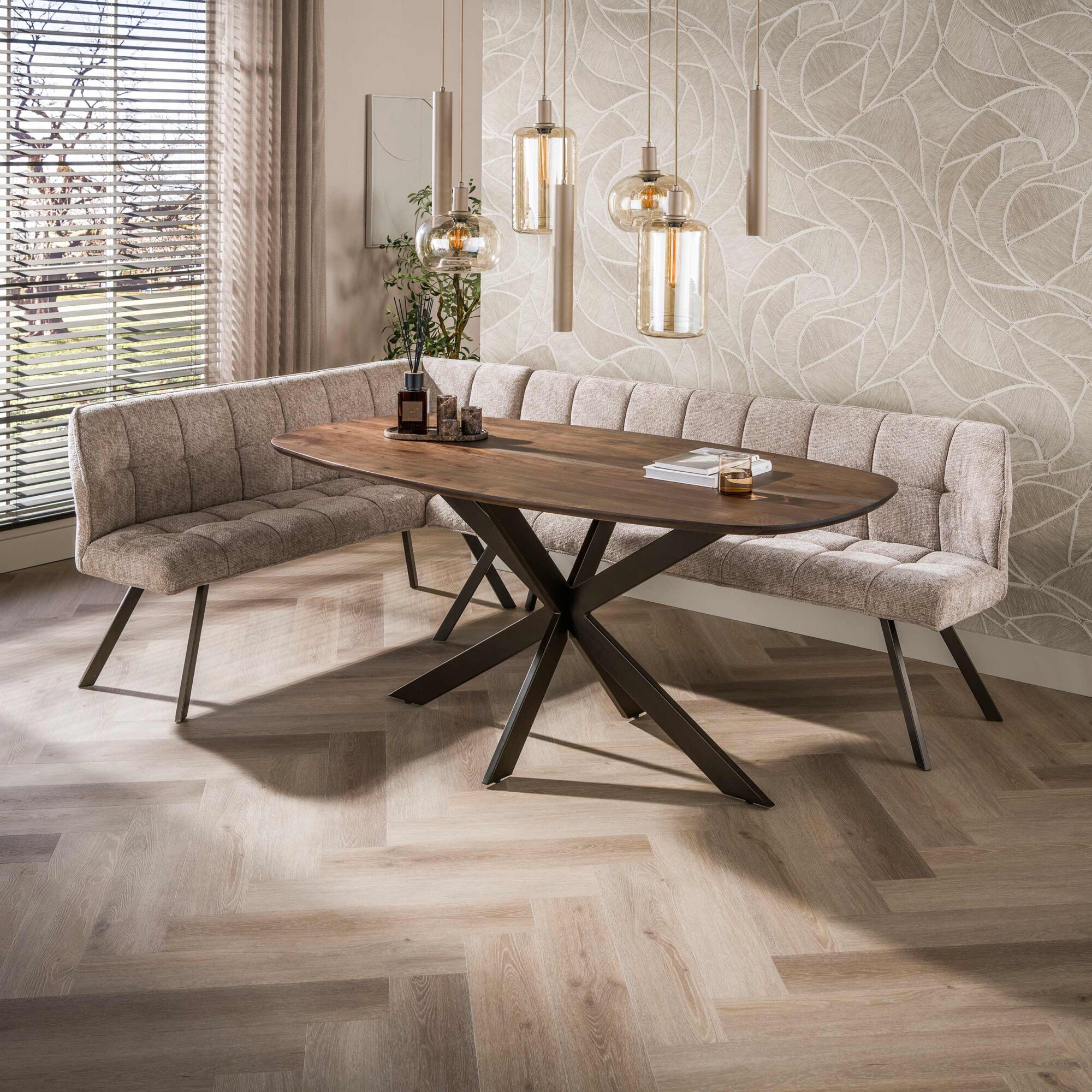 Eetkamerbank Raster Hoven stof, kleur Zand/Bruin (links) - Afbeelding 4
