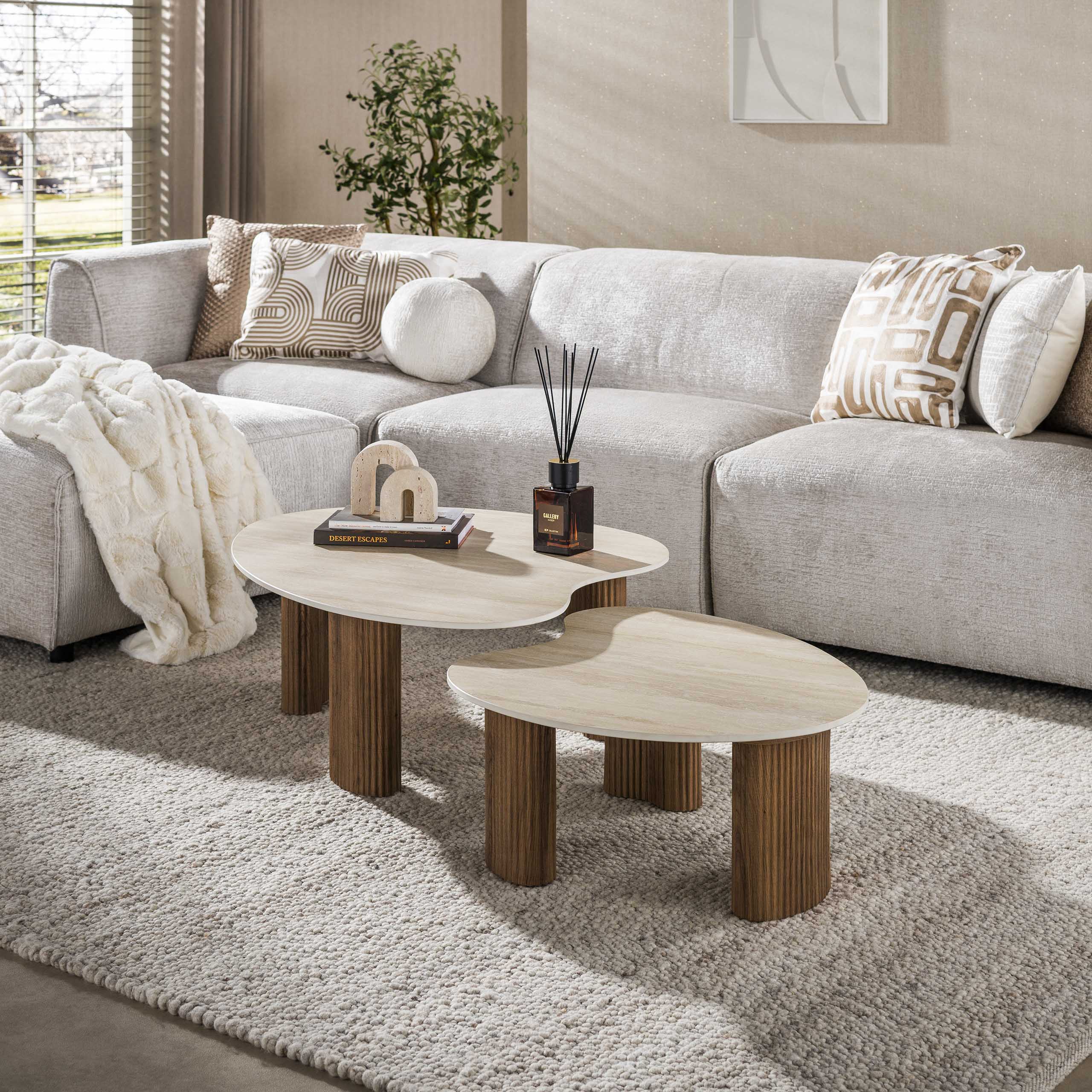 Organische Salontafel Cerano Keramiek in Travertinlook, Set van 2 stuks