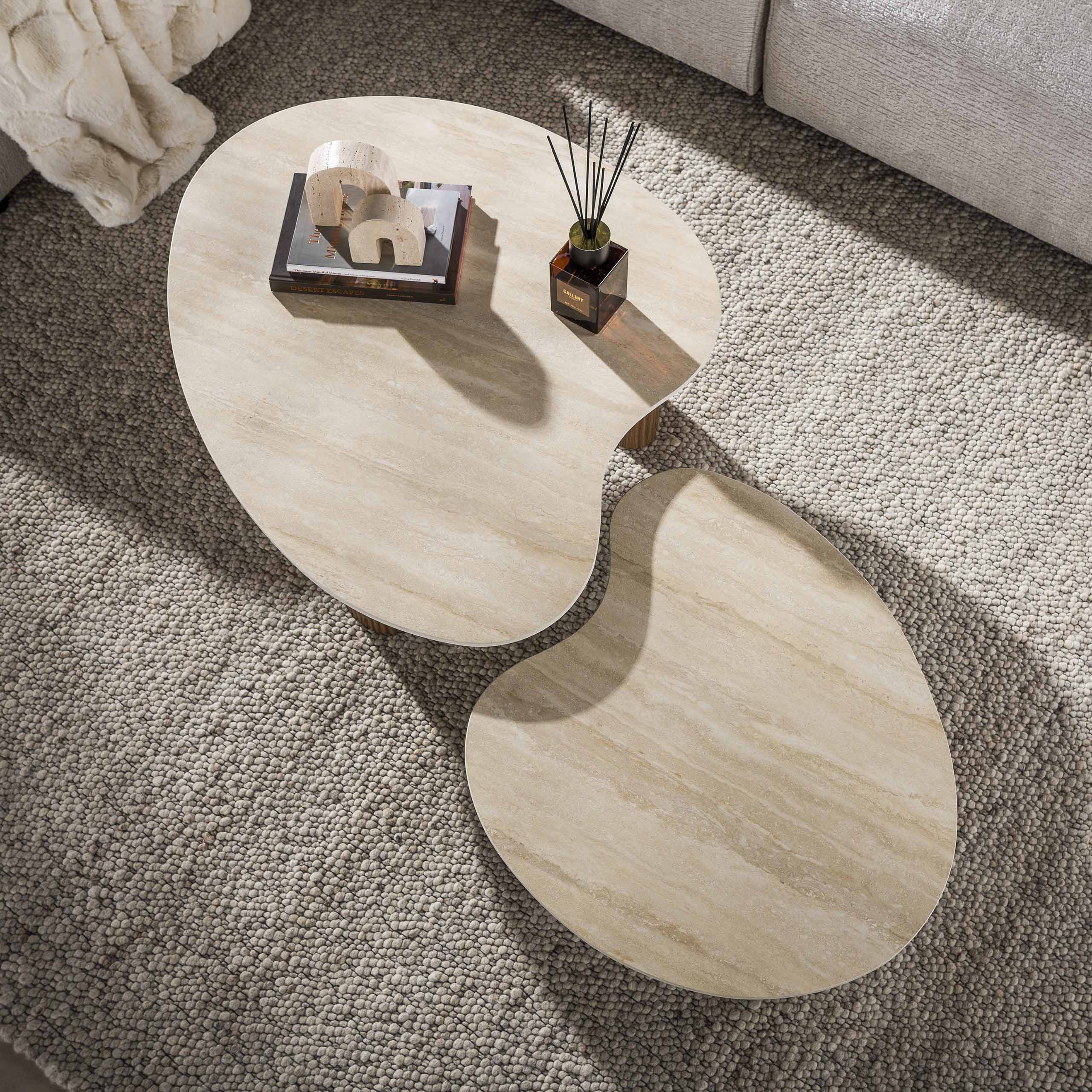 Organische Salontafel Cerano Keramiek in Travertinlook, Set van 2 stuks - Afbeelding 2