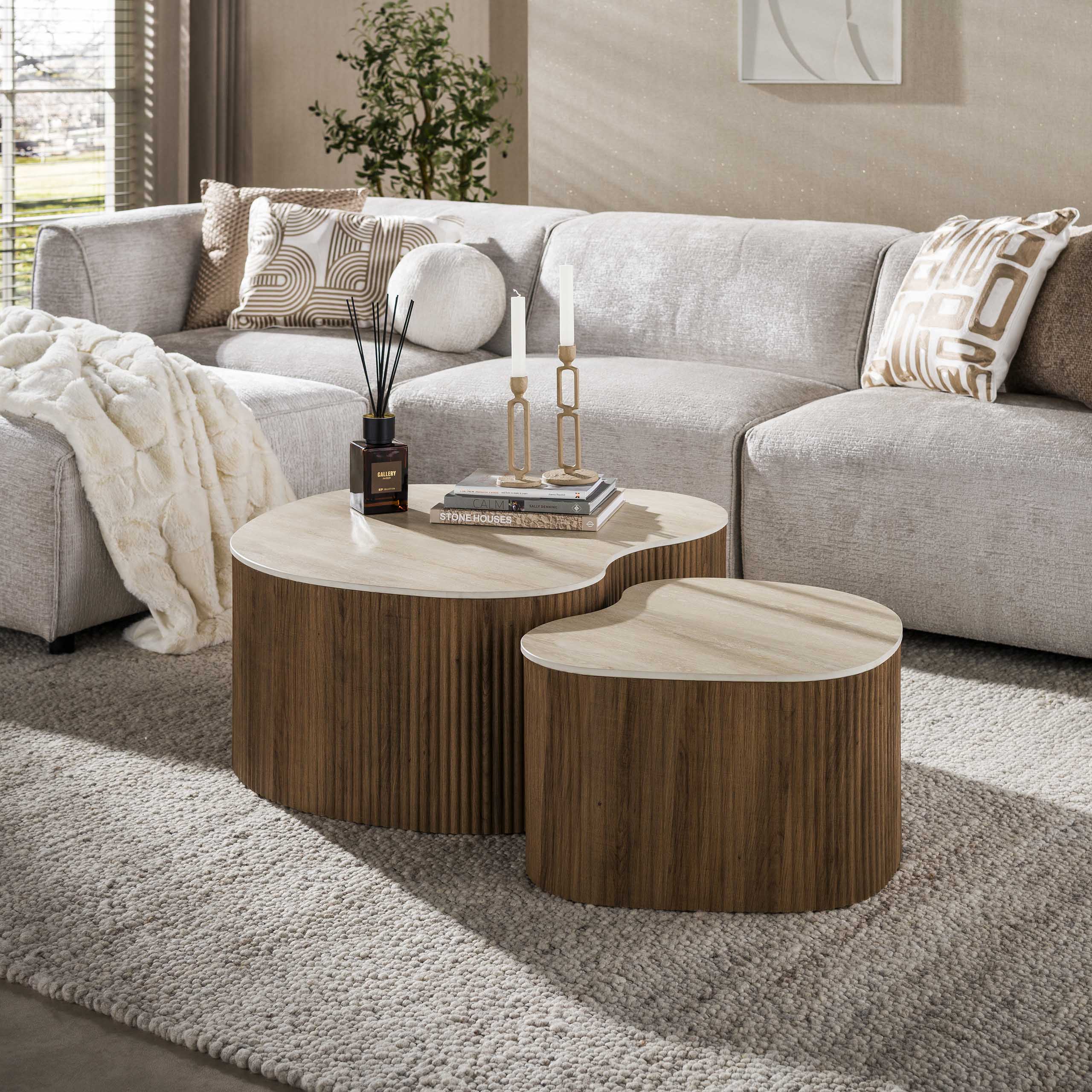Organische Salontafel Cerano Medio Keramiek in Travertin-look, Set van 2 stuks