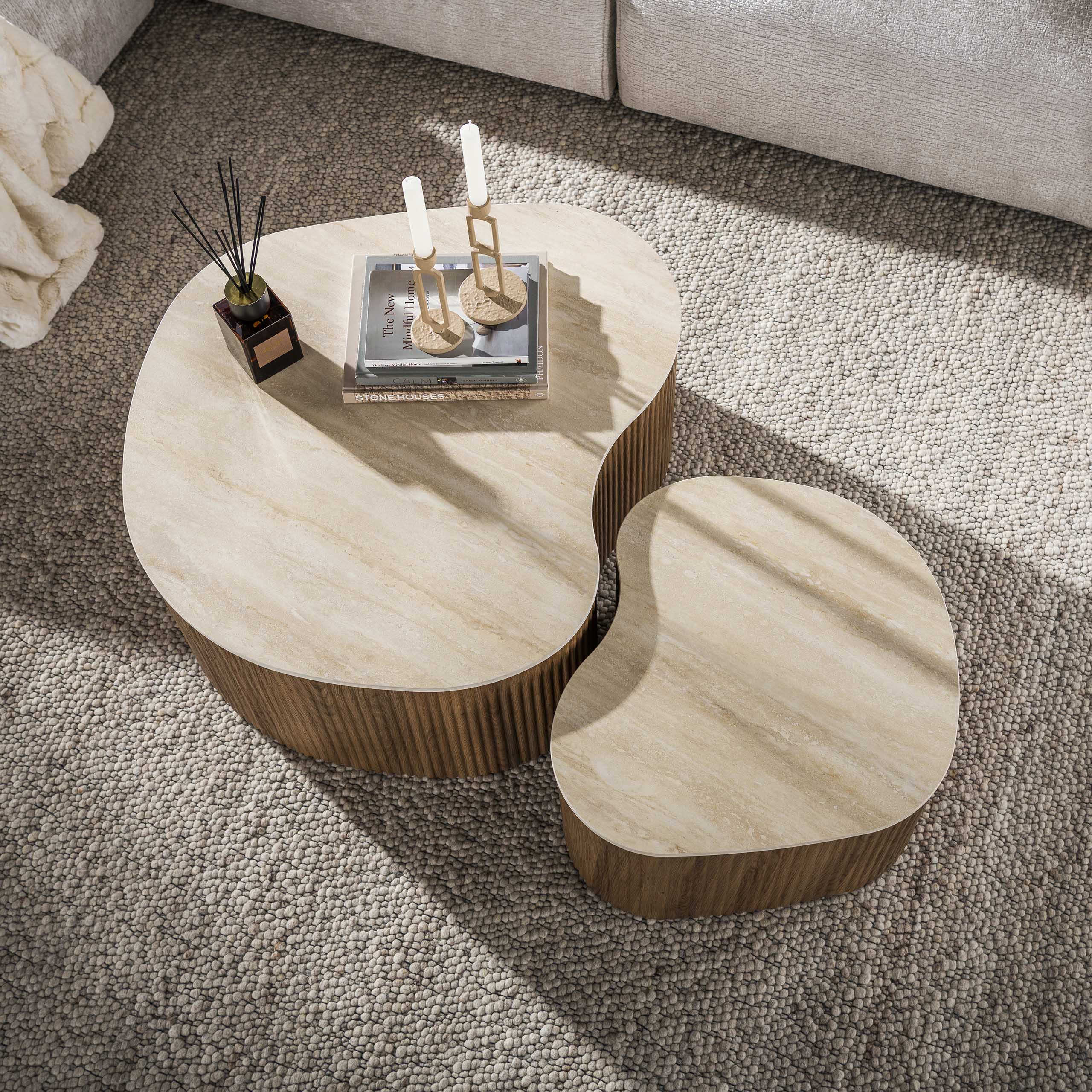 Organische Salontafel Cerano Medio Keramiek in Travertin-look, Set van 2 stuks - Afbeelding 2