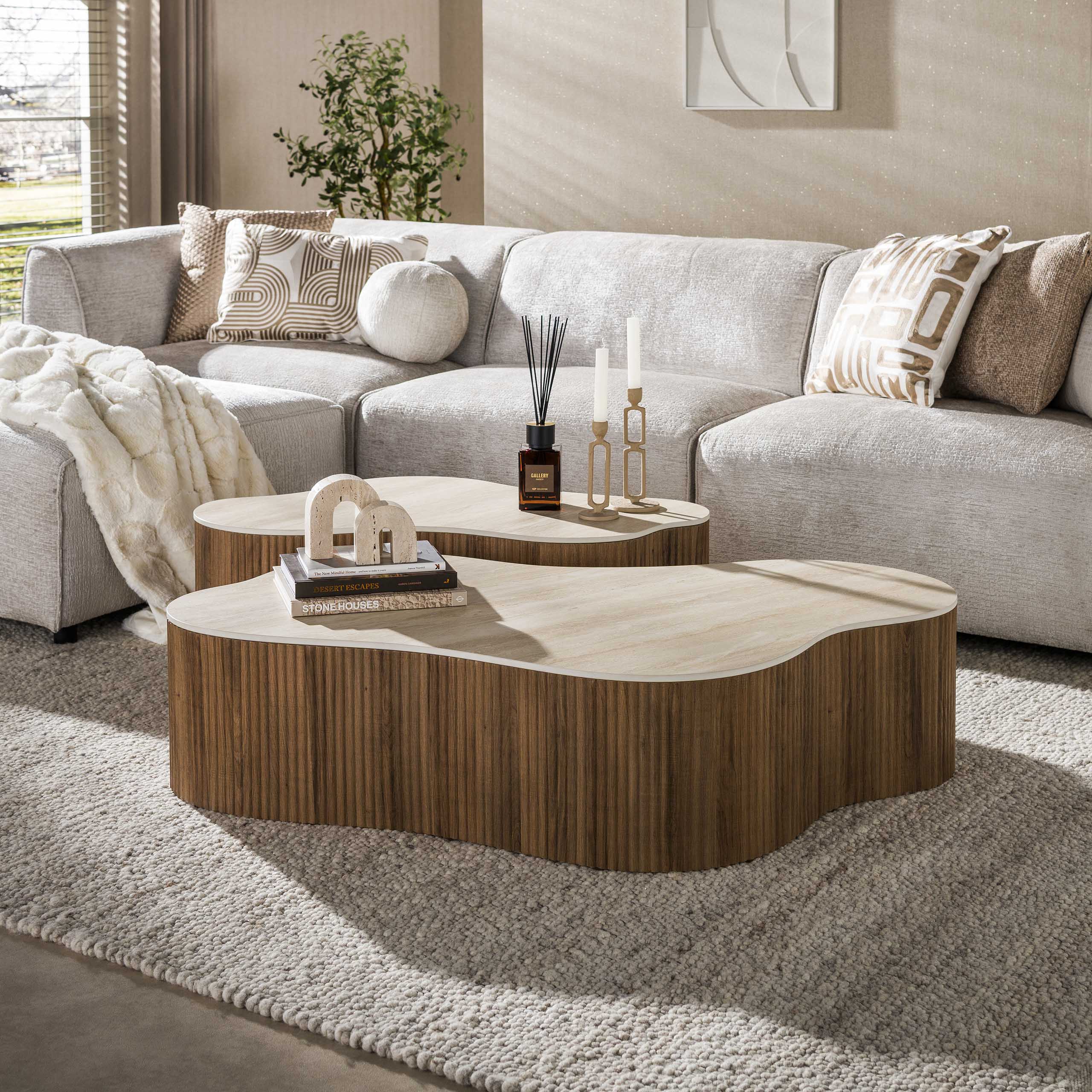 Organische Salontafel Cerano Grande Keramiek in Travertin-look, Set van 2 stuks