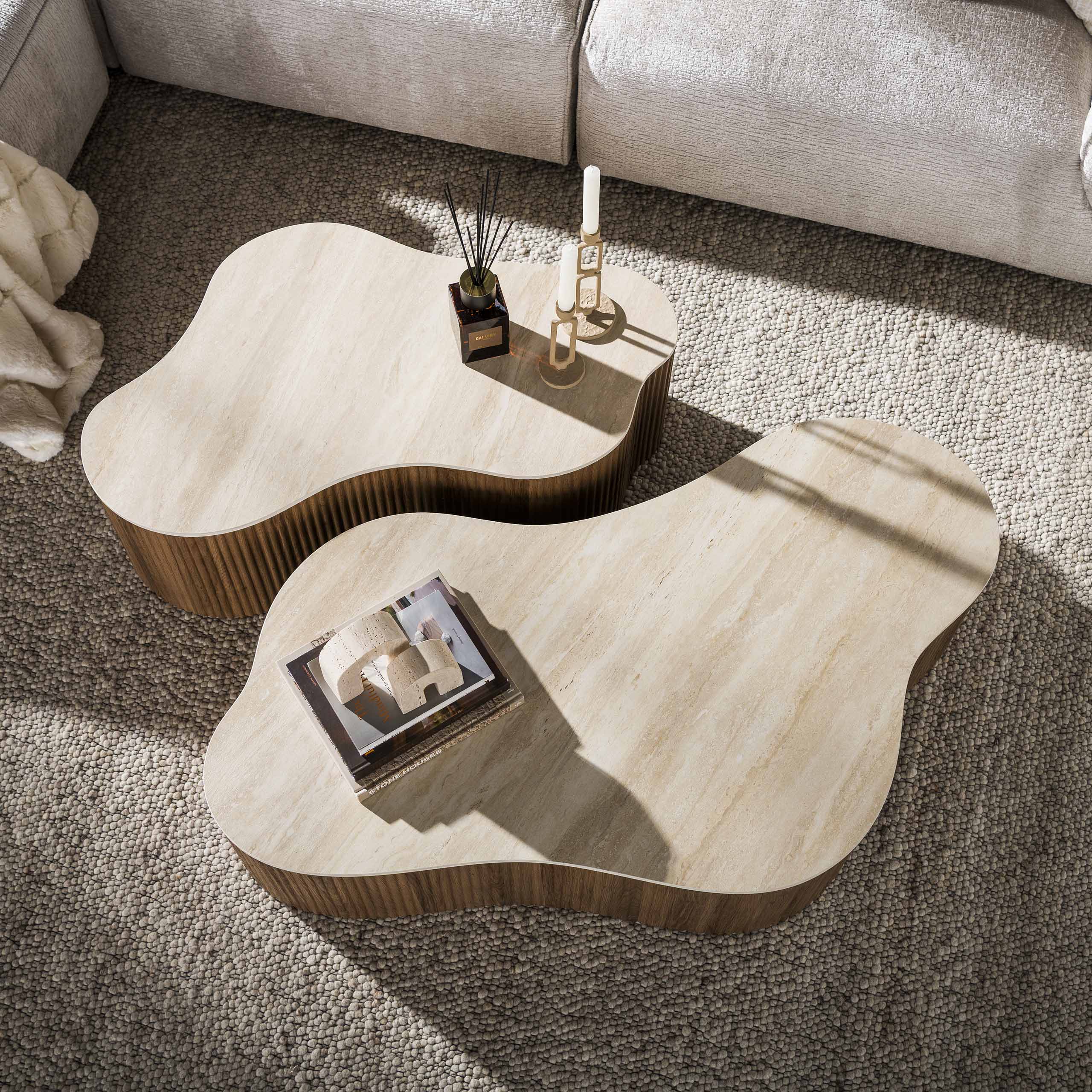Organische Salontafel Cerano Grande Keramiek in Travertin-look, Set van 2 stuks - Afbeelding 2