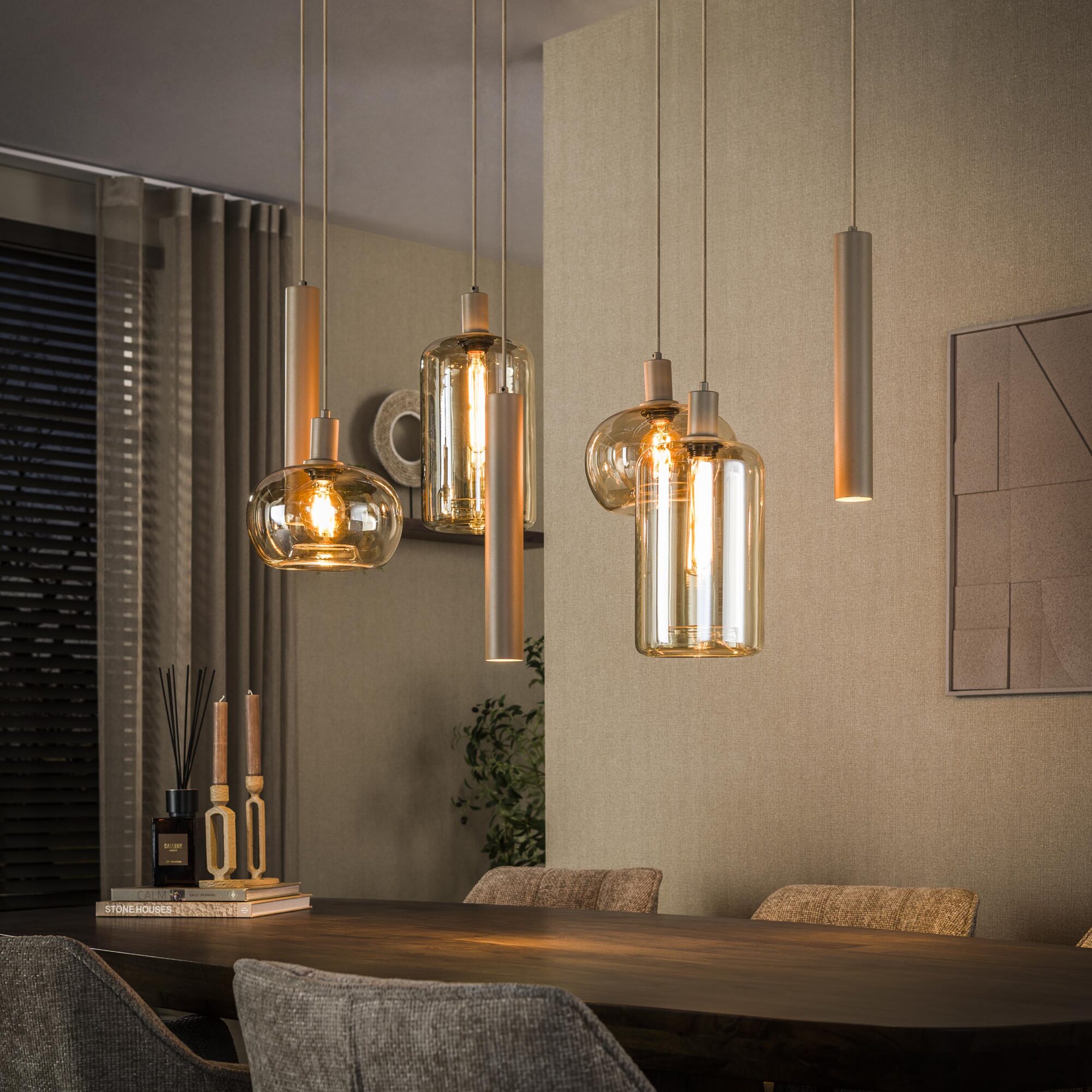 Hanglamp Serene Glas en beige metaal, 4+3-lamps