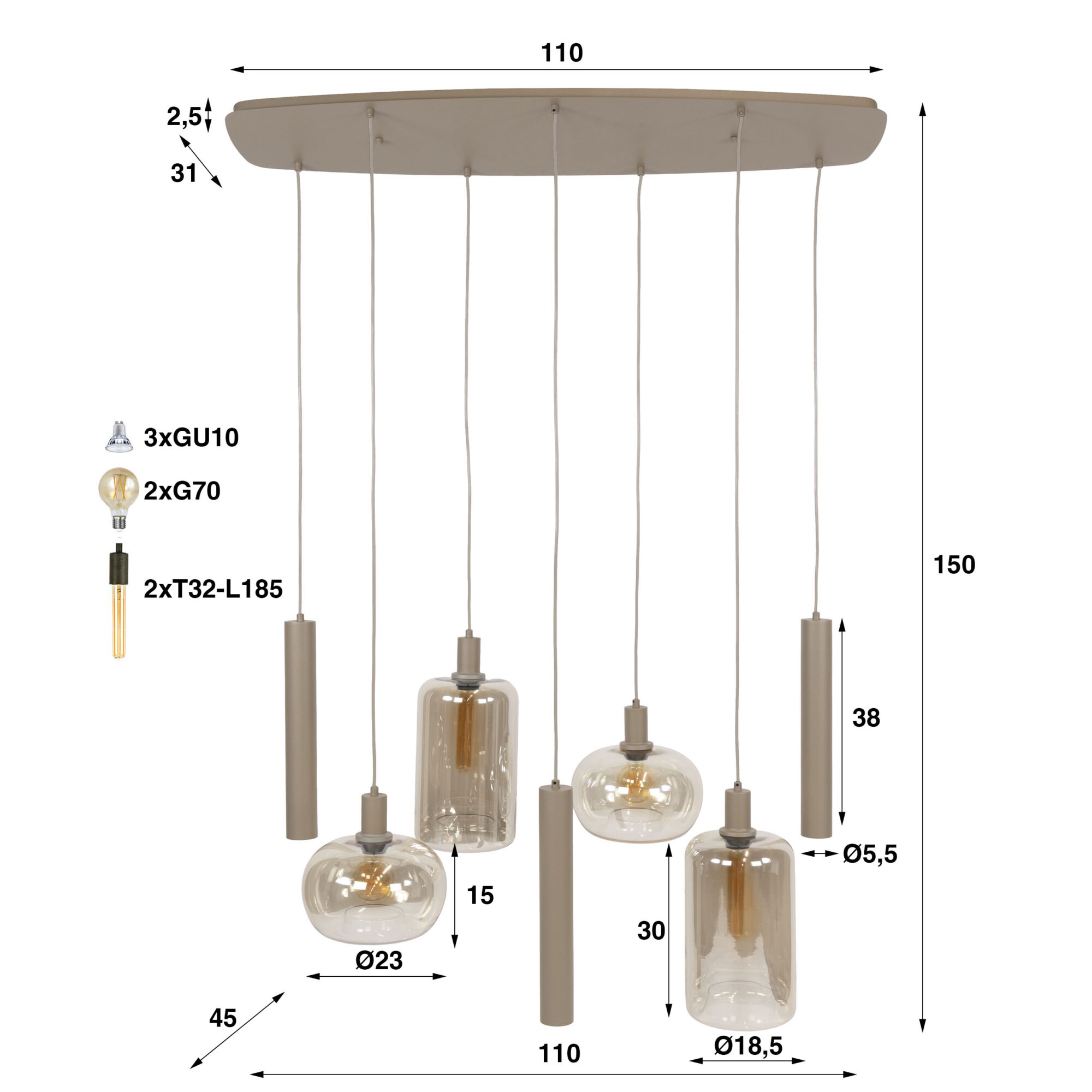 Hanglamp Serene Glas en beige metaal, 4+3-lamps - Afbeelding 8