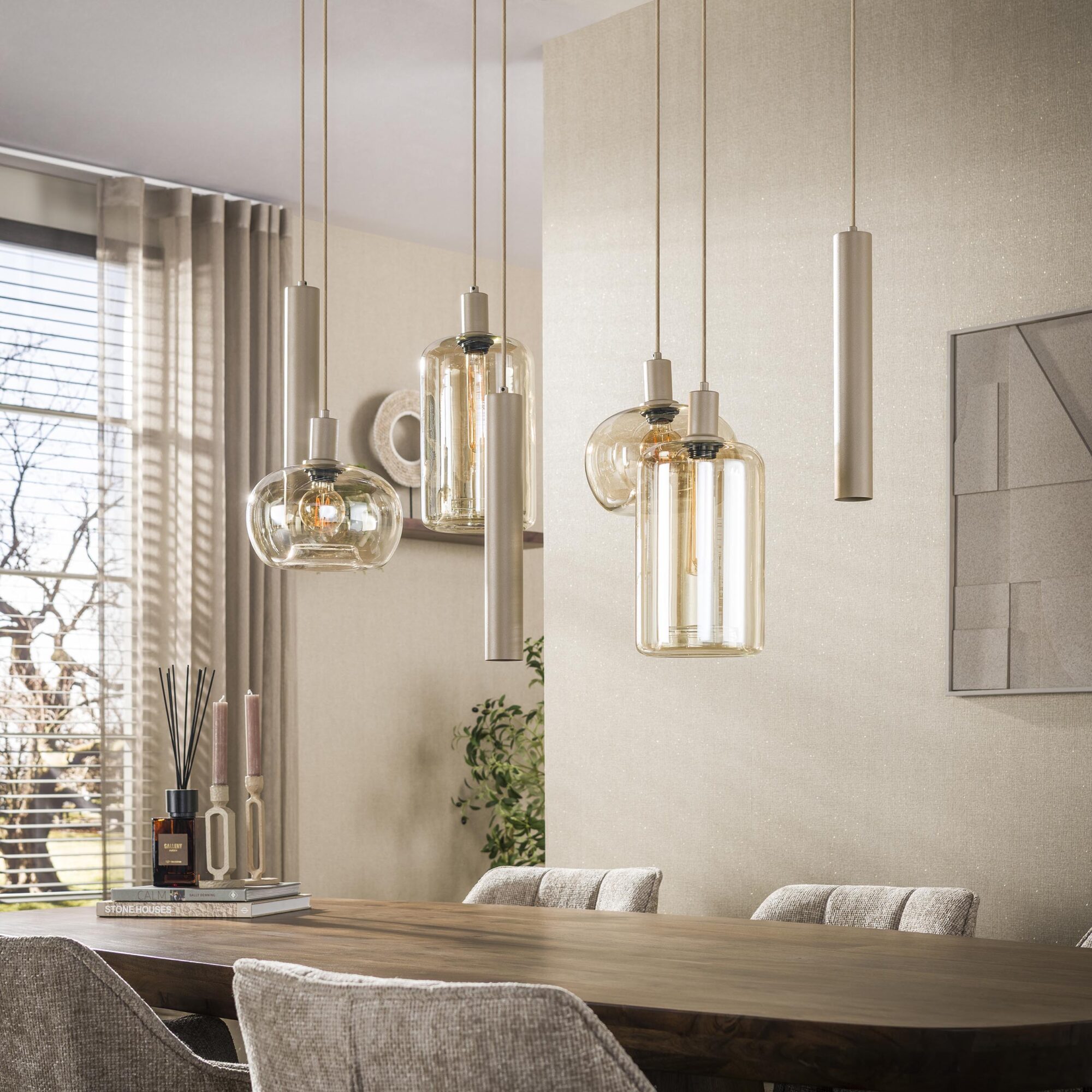 Hanglamp Serene Glas en beige metaal, 4+3-lamps - Afbeelding 2