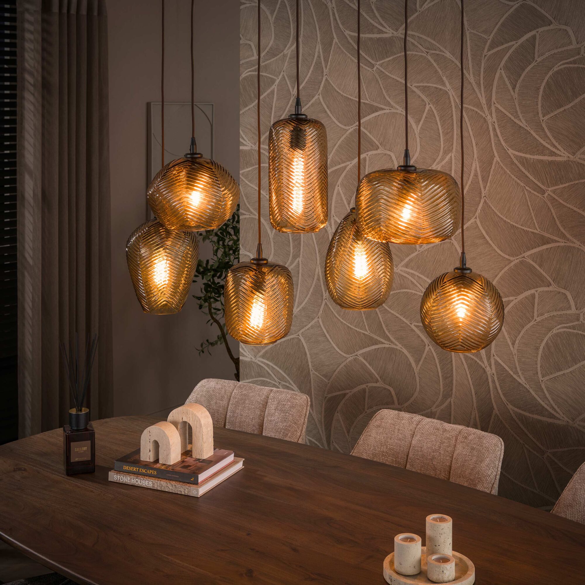Hanglamp Chevron 4+3-lamps, kleur Smoke bruin