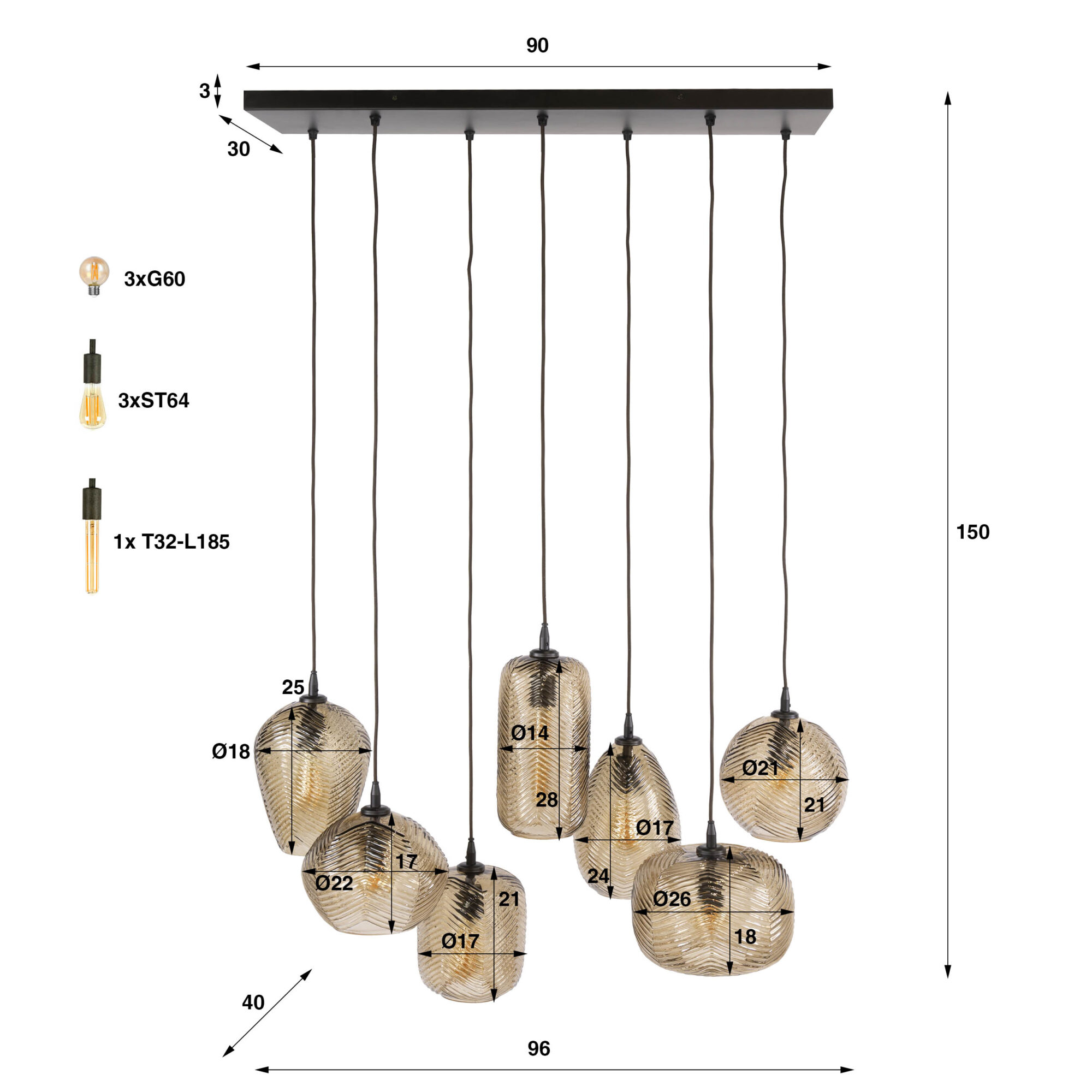Hanglamp Chevron 4+3-lamps, kleur Smoke bruin - Afbeelding 6