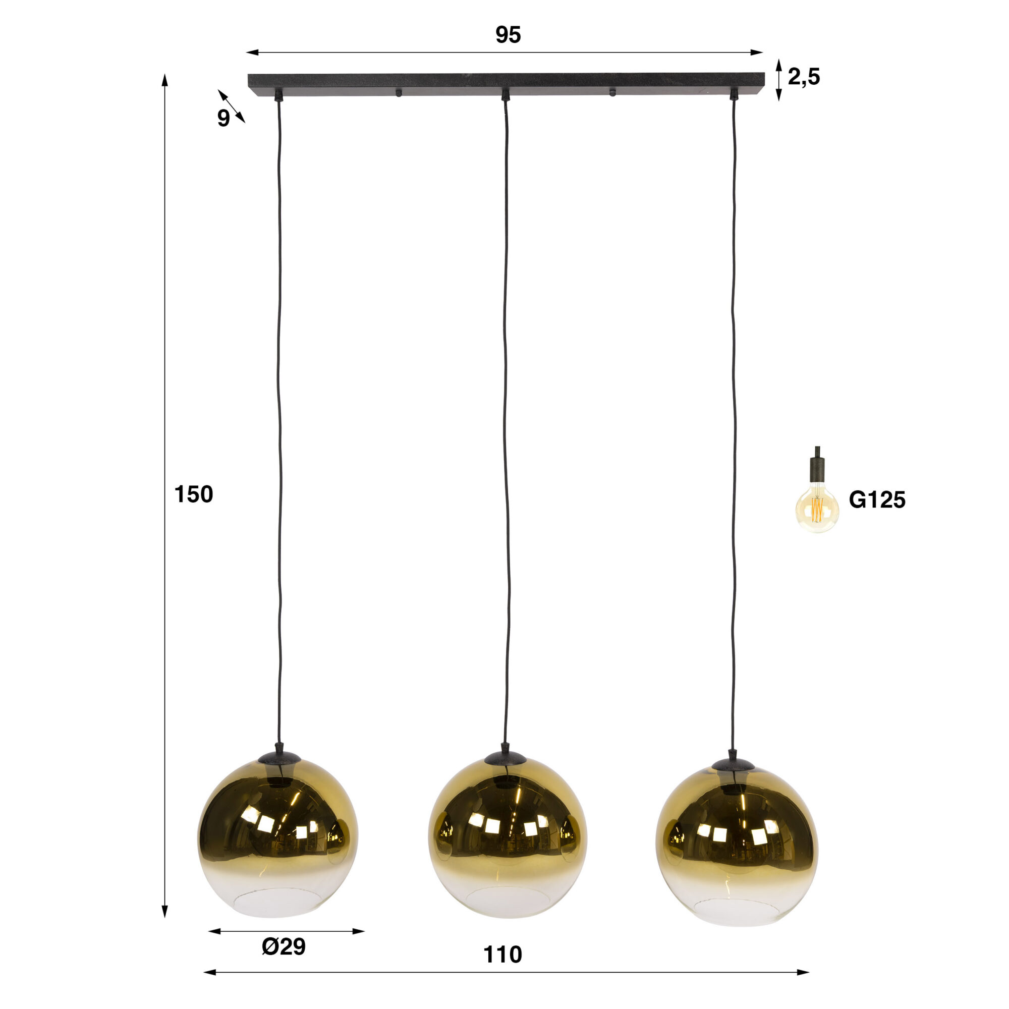 Hanglamp Bubble Shaded Met 3 smoke-glas bollen, kleur Goud - Afbeelding 5