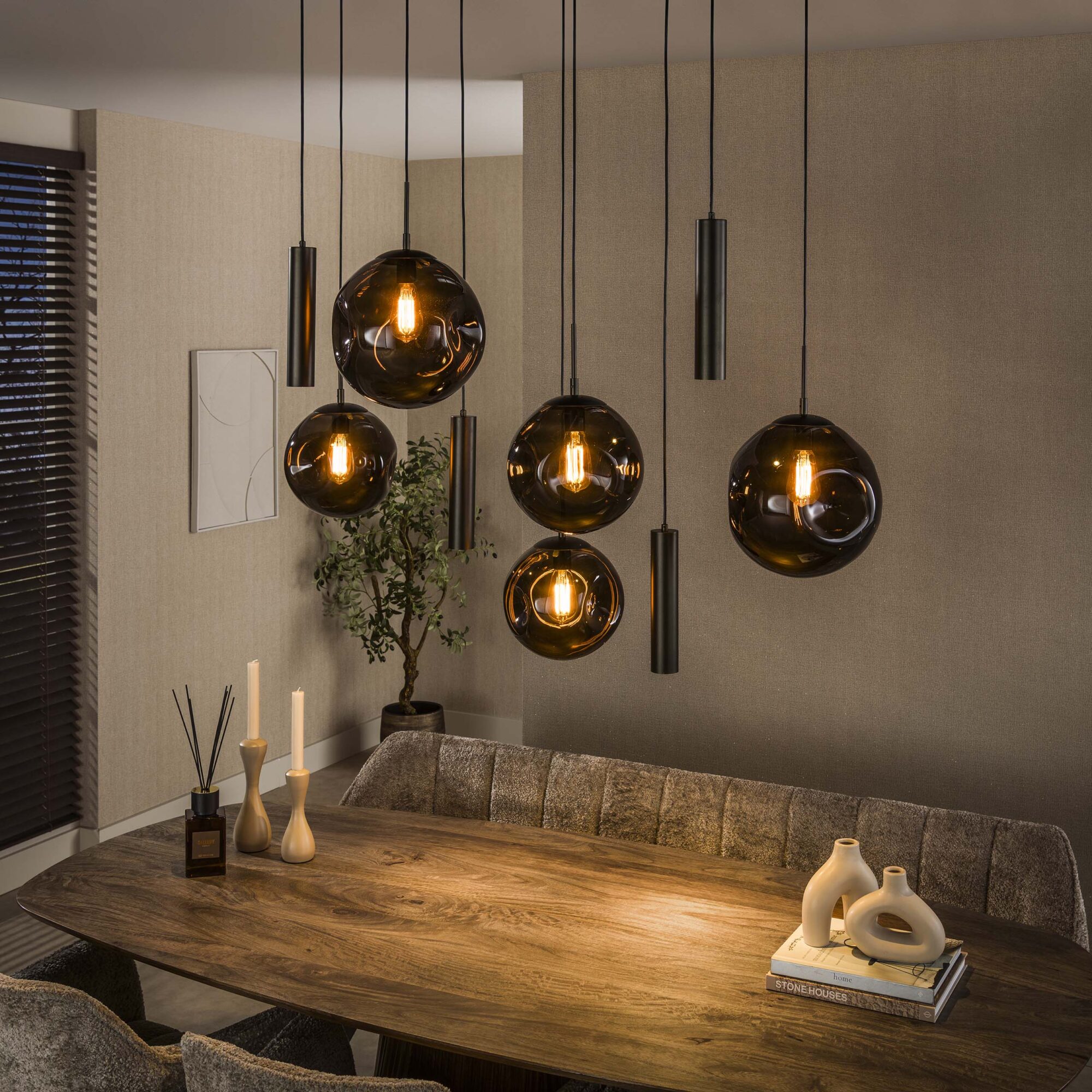 Hanglamp Stellar Glas, 5+4-lamps, kleur Sienna Bruin