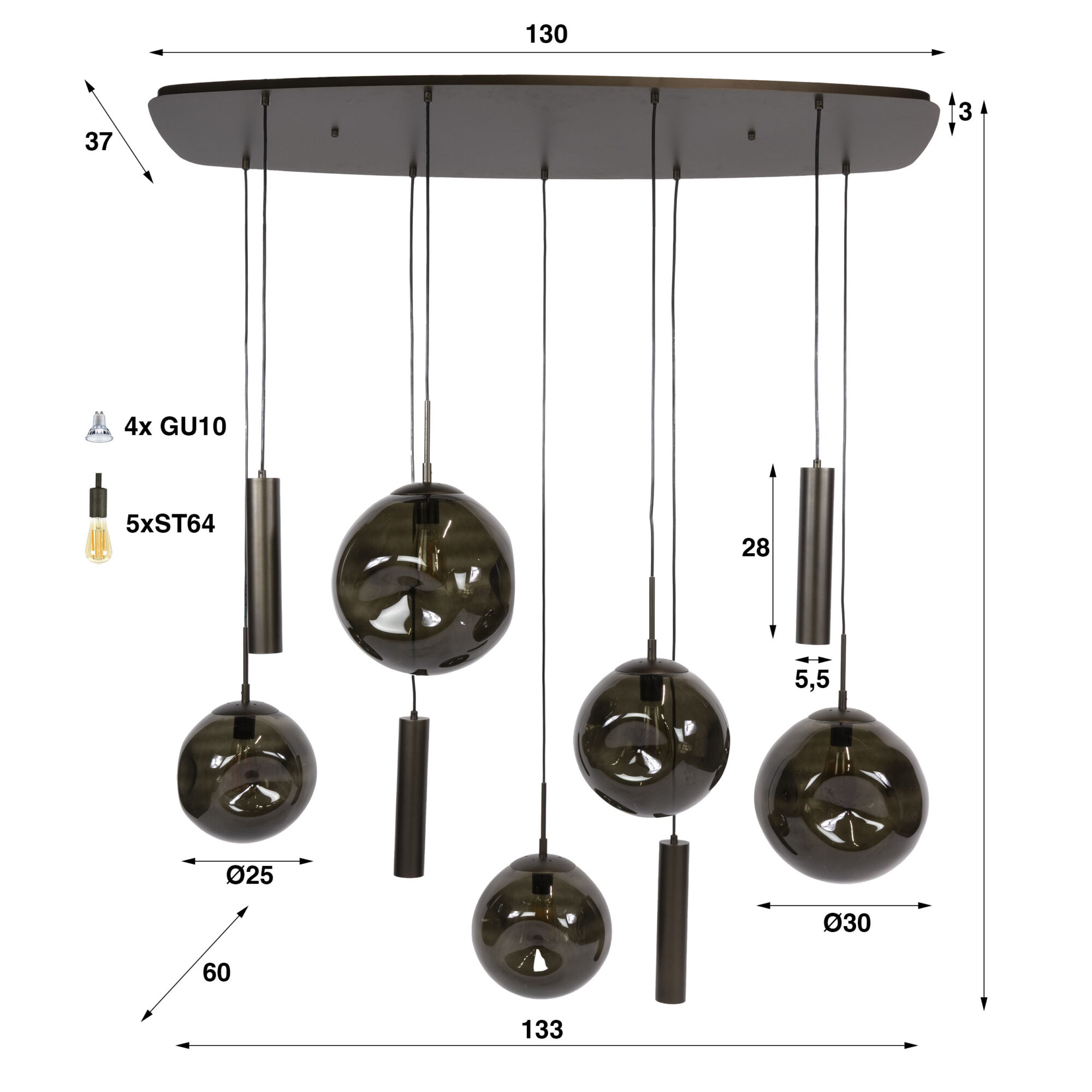 Hanglamp Stellar Glas, 5+4-lamps, kleur Sienna Bruin - Afbeelding 8