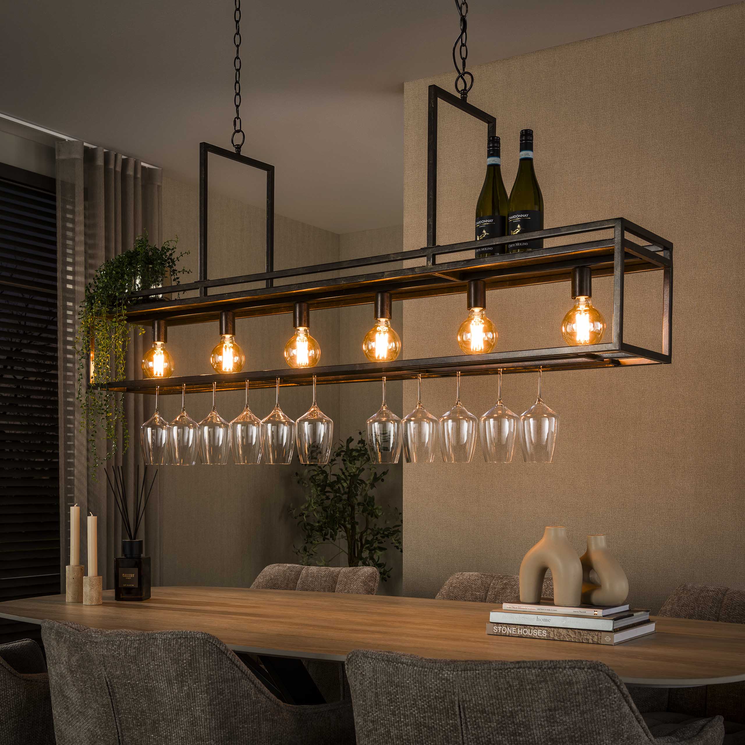 Hanglamp Decorate 6-lamps met wijnrek - Bruin