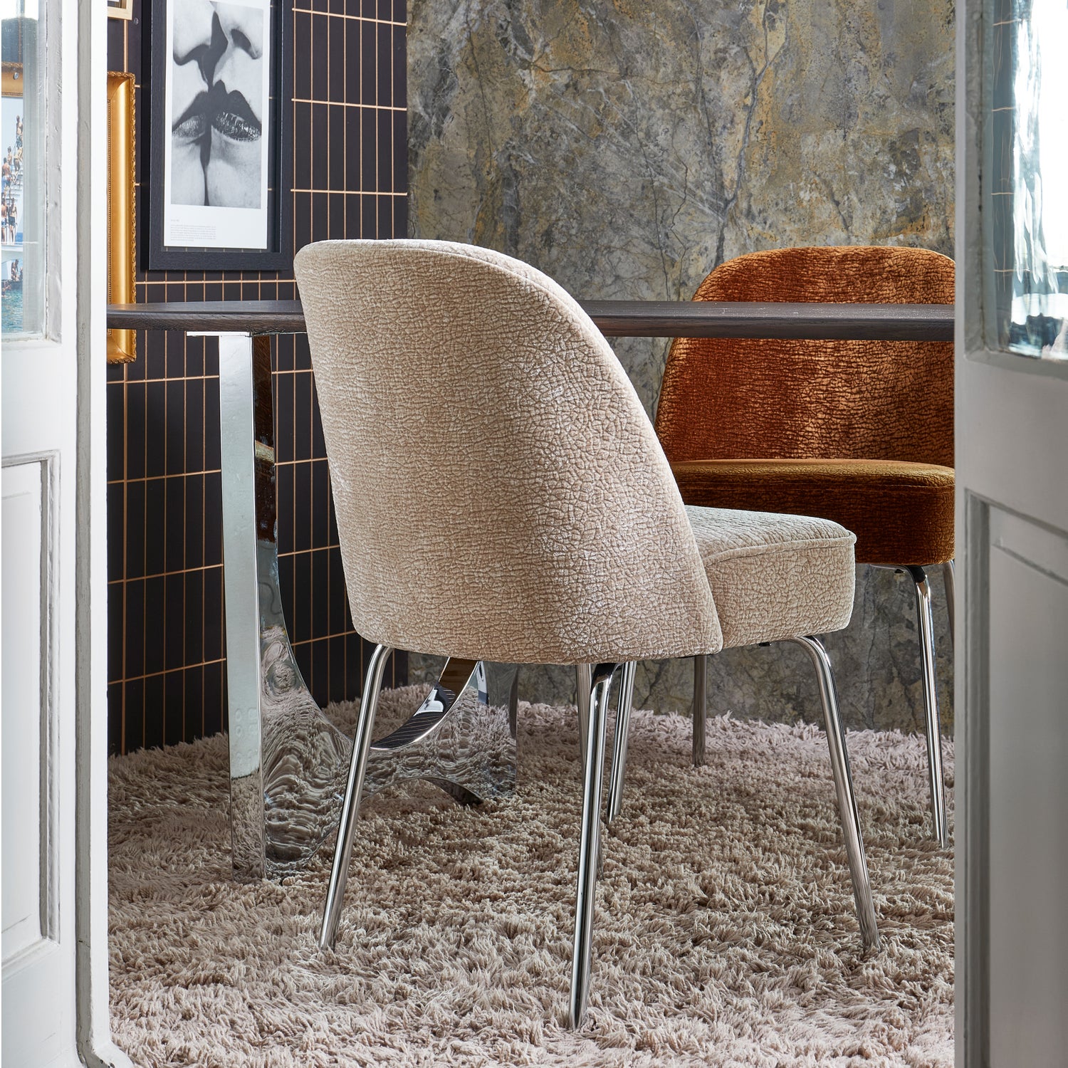 Eetkamerstoel Vogue Chenille met chrome poot - Zand - Afbeelding 9
