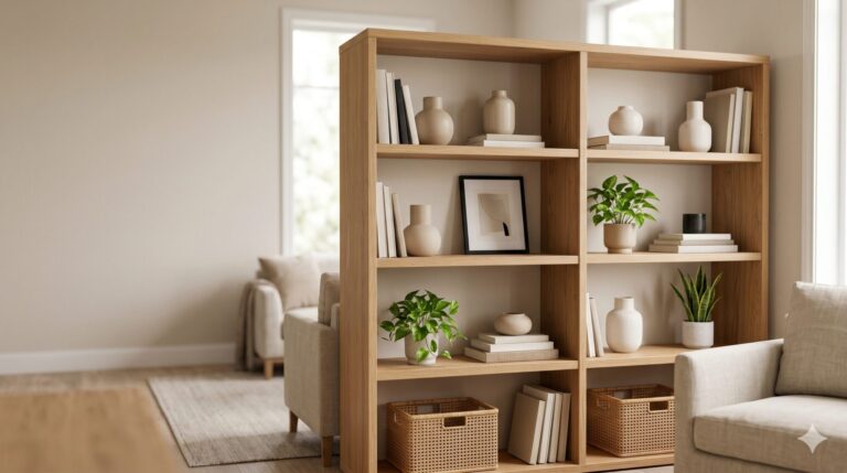 Inspiratie voor een open kast inrichten: een stijlvolle, lichte houten vakkenkast met boeken, vazen, planten en manden in een sfeervolle woonkamer