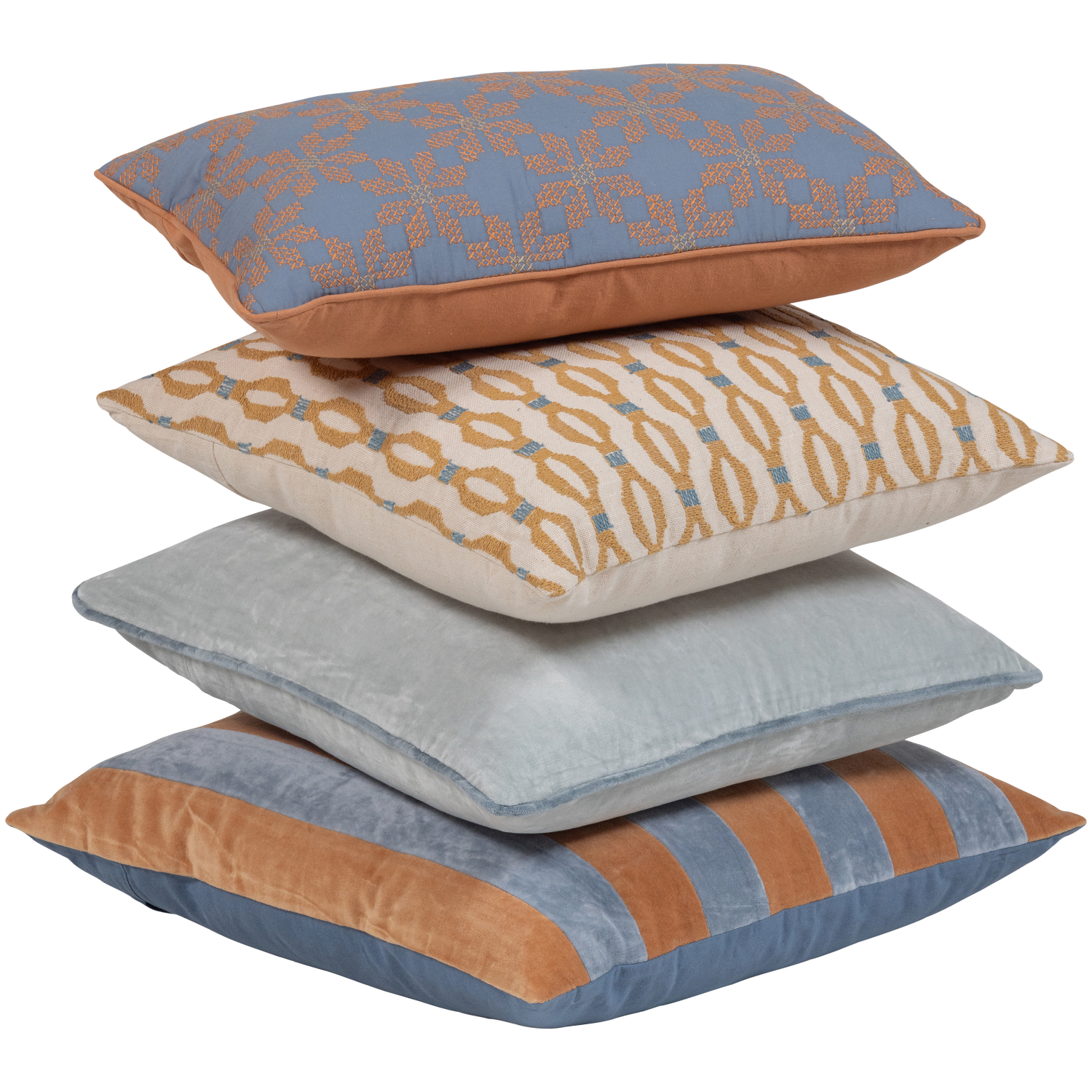 Sierkussen Lira fluweel - Blauw/Oranje Set van 4 stuks