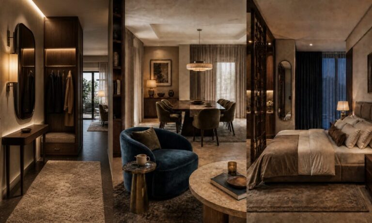 Hotel chic interieur: woonkamer. slaapkamer en hal